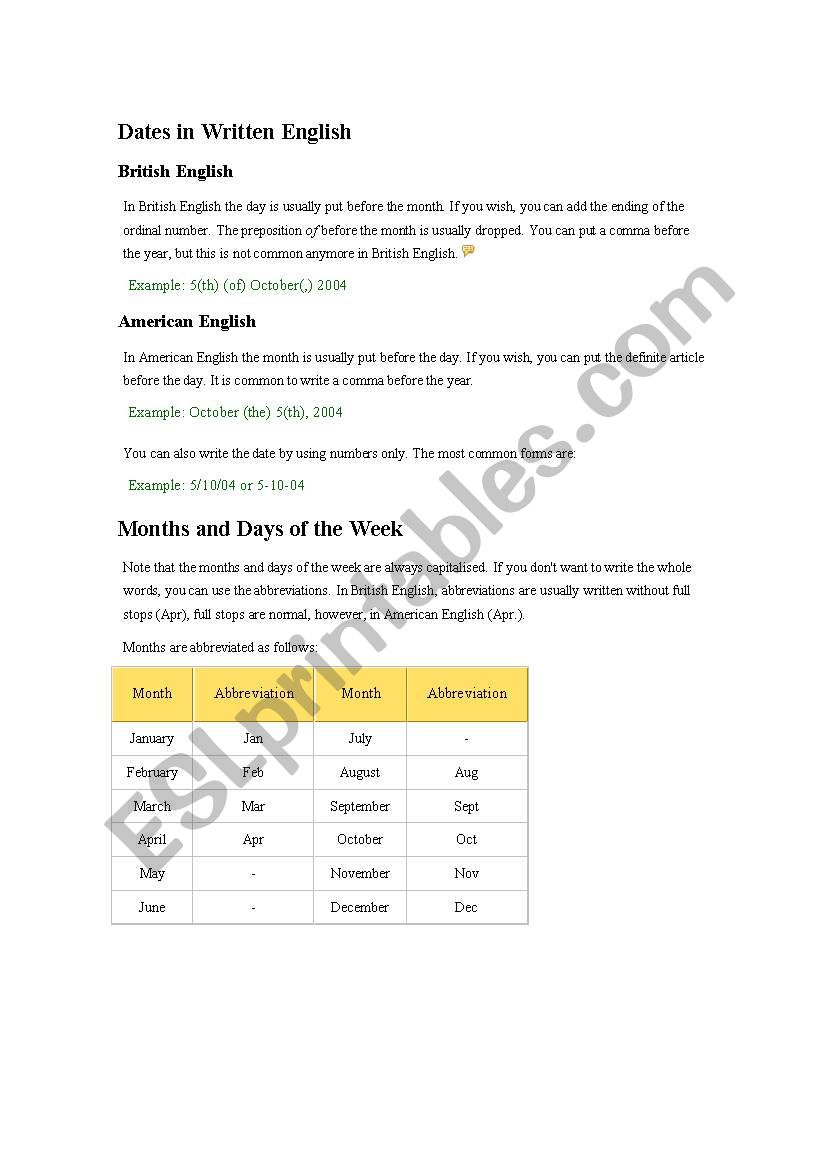 Dates in Written English worksheet