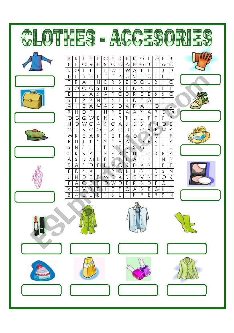 Clothes wordsearch 2 pages + key