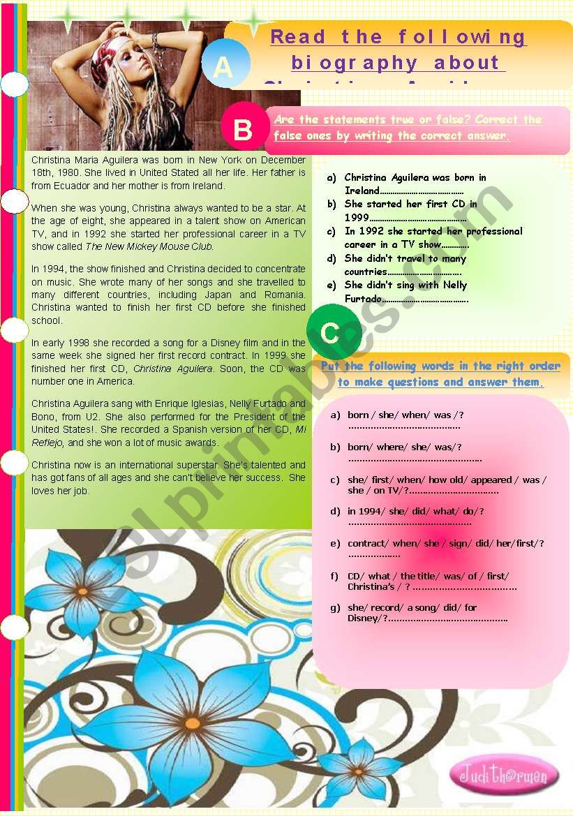 Practice past simple using Cristina AguileraÂ´s biography. 