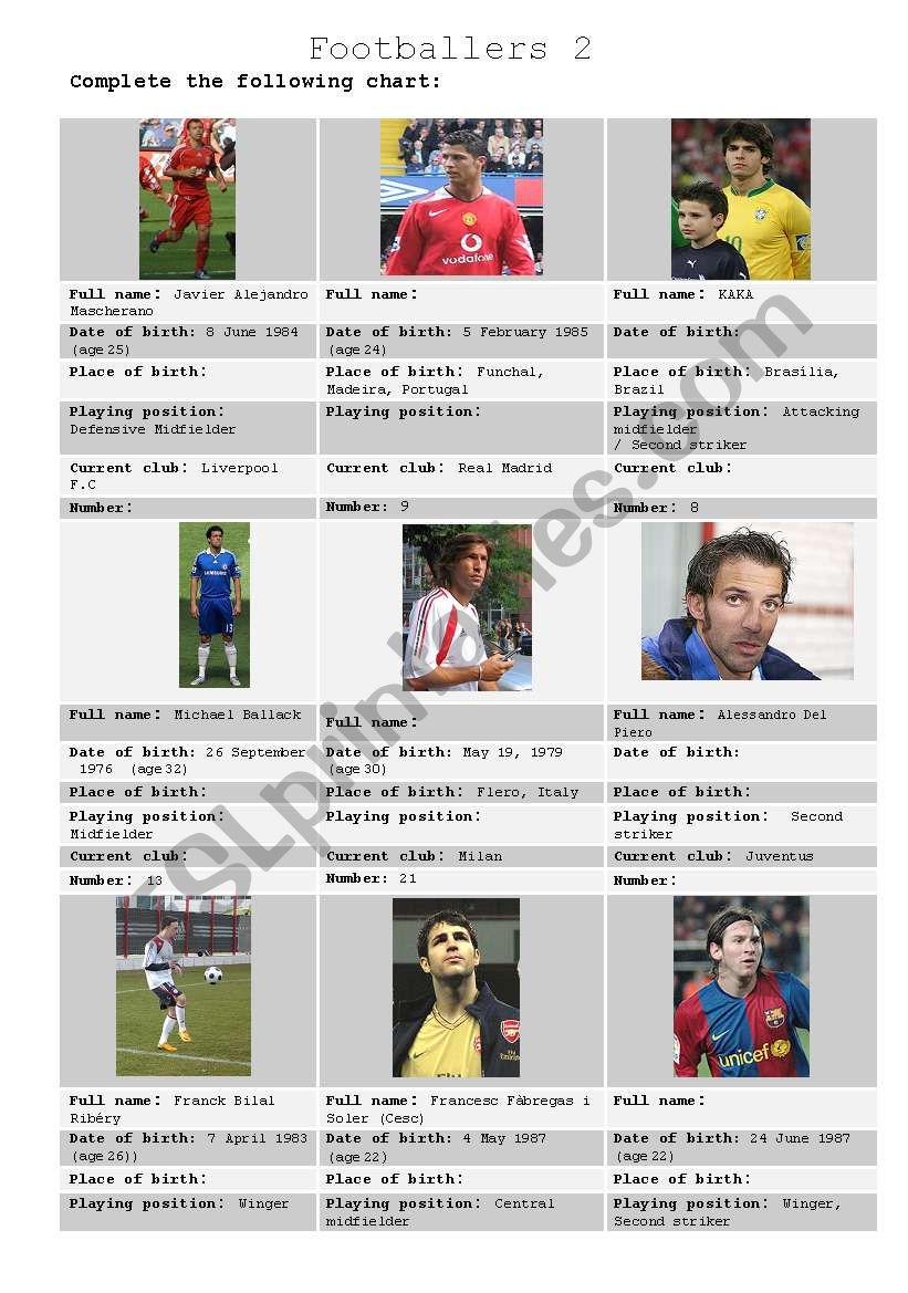Footballers 2 worksheet