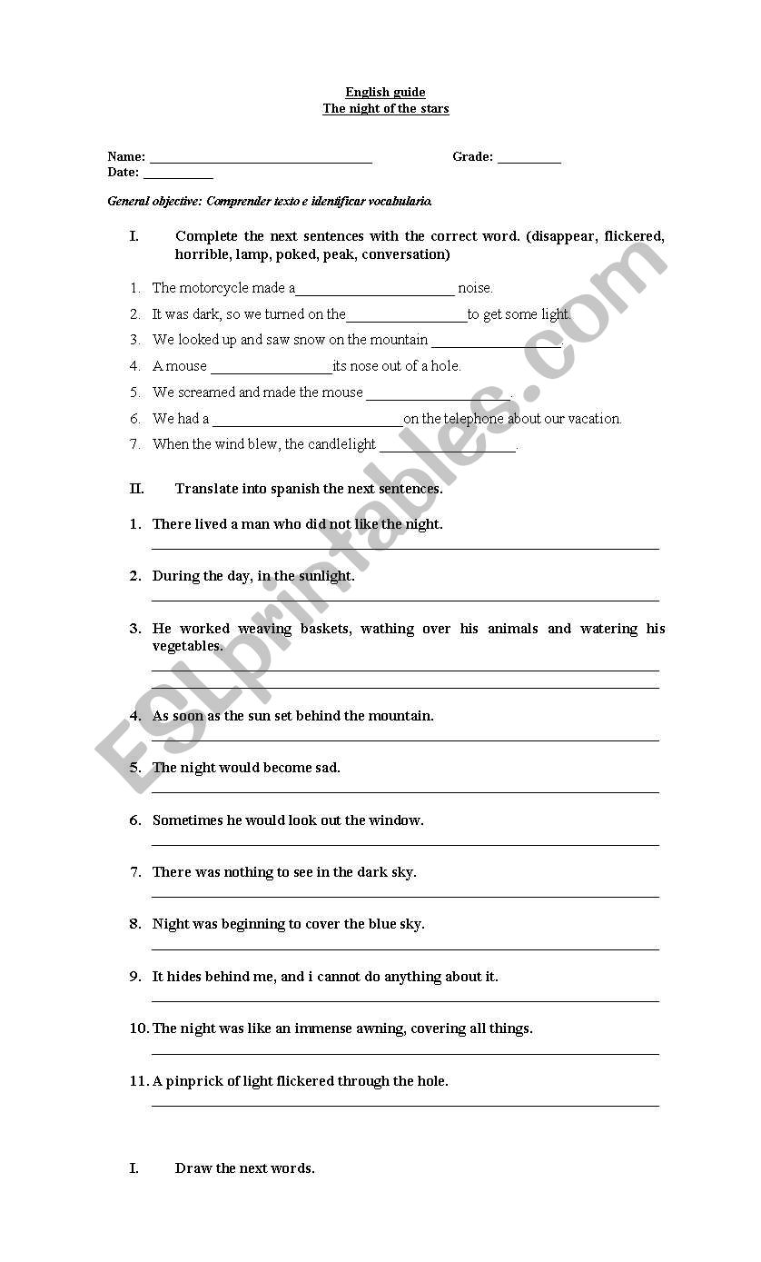 THE NIGHT OF THE STARS worksheet