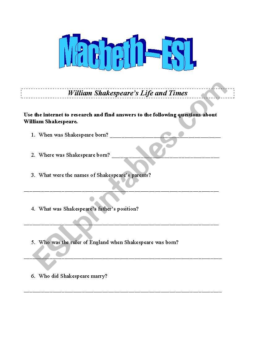 MACBETH - Complete Unit of Work for English language Learners - Intermediate - ((( 19 Pages ))) - Black & White - Colour available too