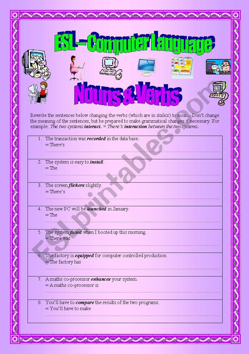 ESL Computer Language - (( Nouns & Verbs )) - intermediate - (( 3 pages )) - with Answers - editable