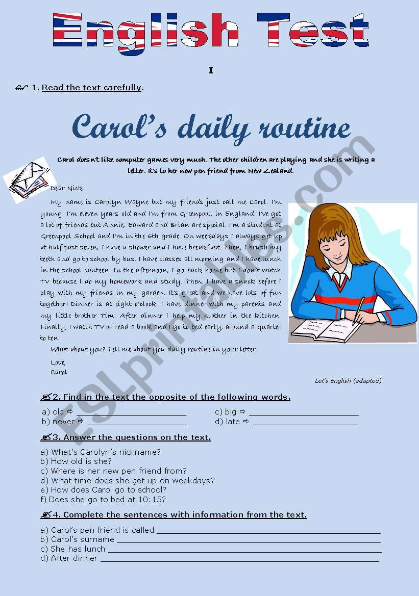TEST (version A) - Daily routine (for 5th graders)