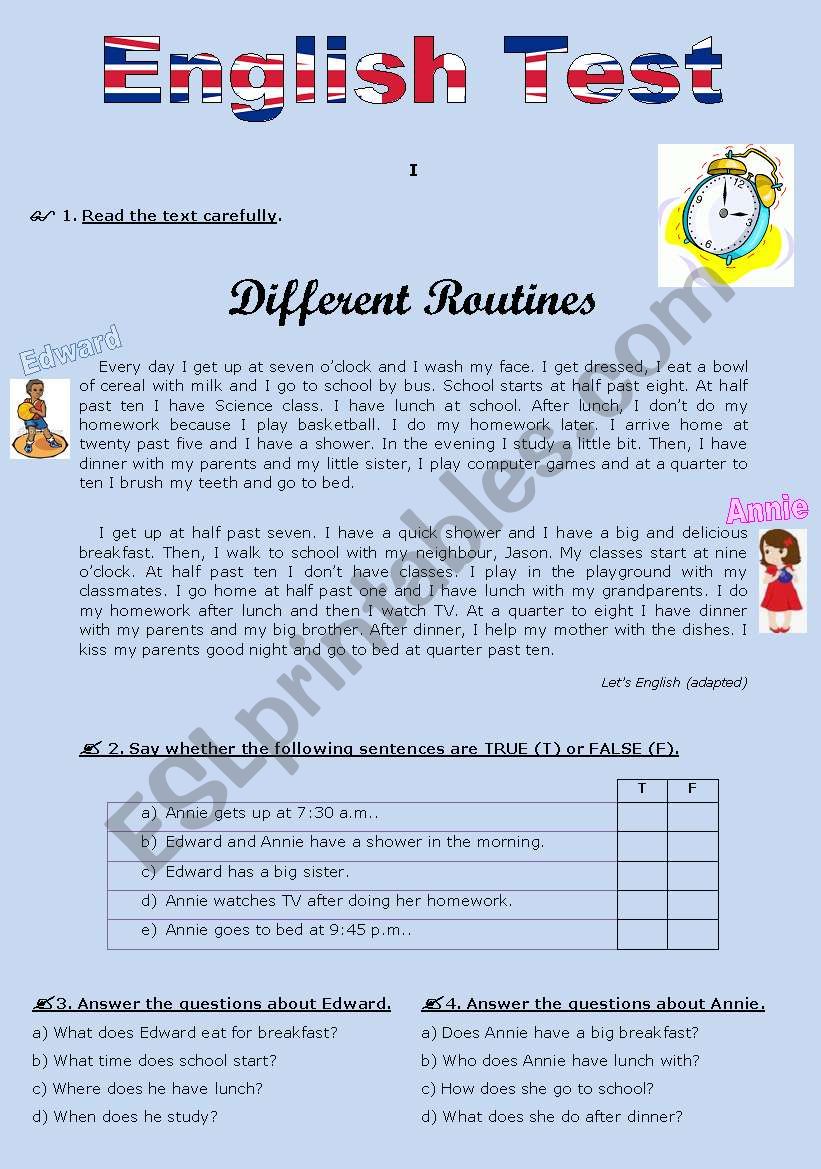 TEST (version B) - Daily routine (for 5th graders)