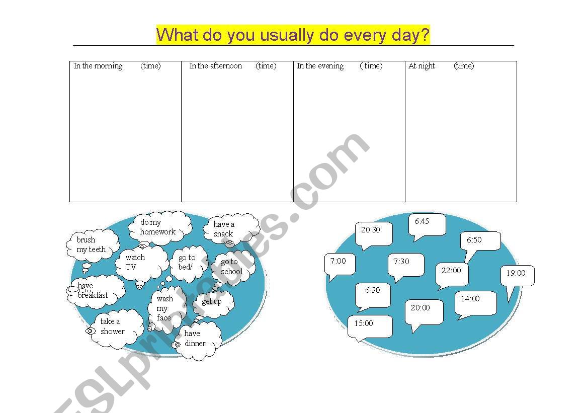 daily routines &time telling worksheet