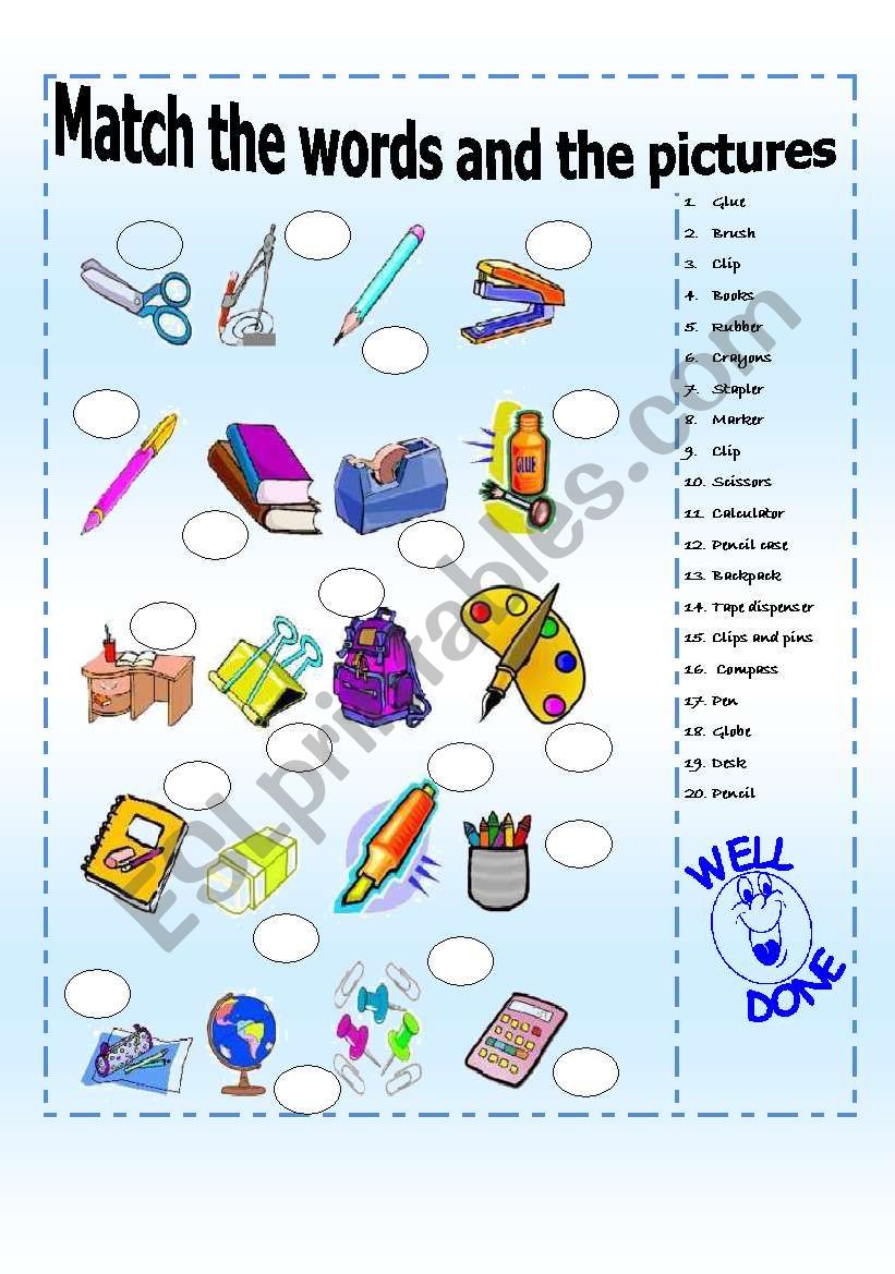 school supplies: match vocabulary and pictures 2/3