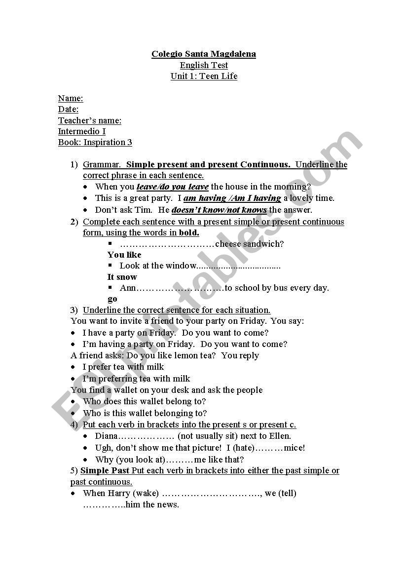 test worksheet