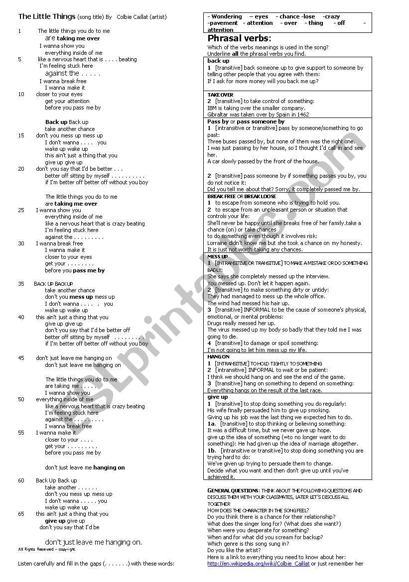 Phrasal verbs in a song - Colbie Caillat - The little things