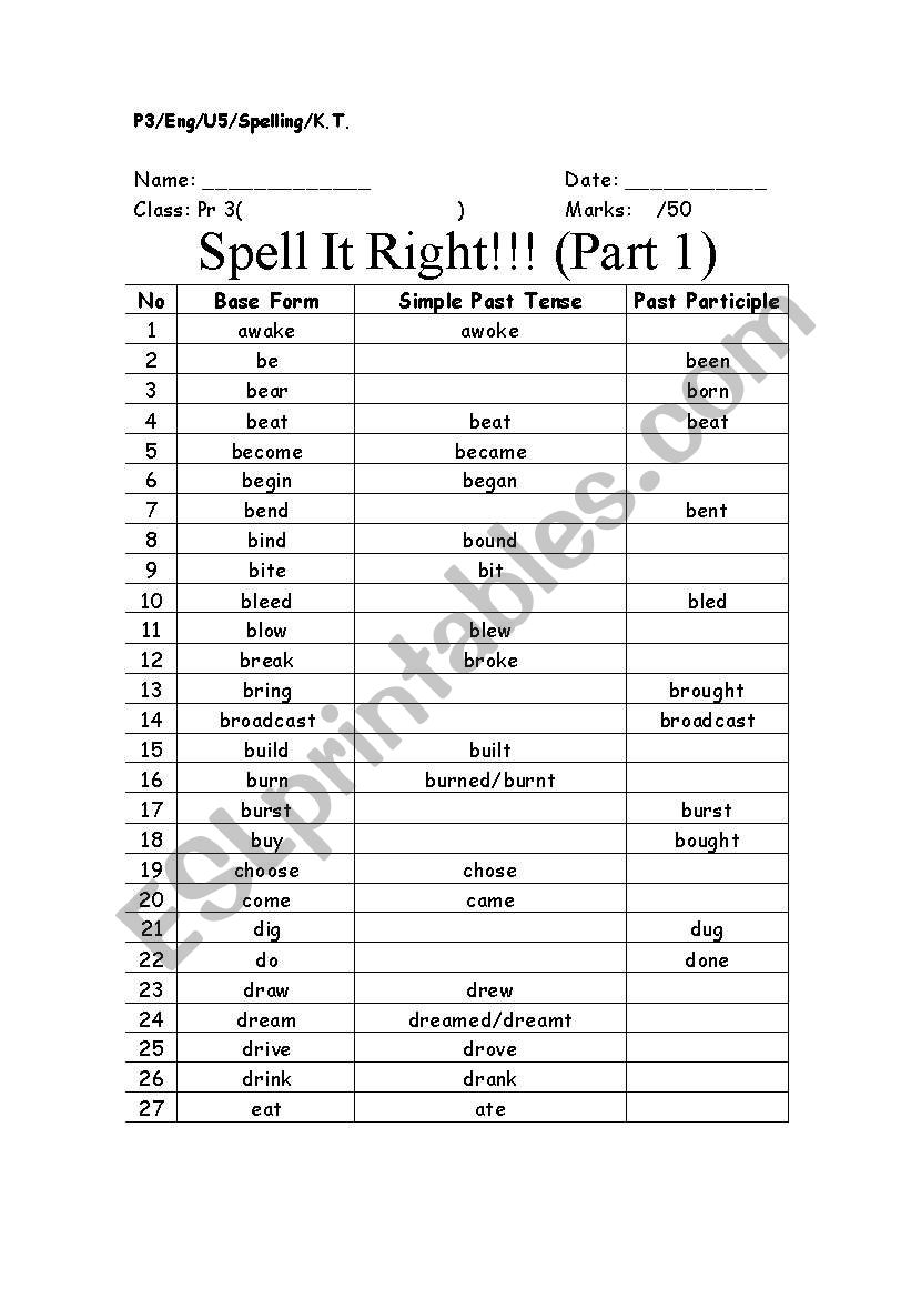 Forms of the Verb worksheet