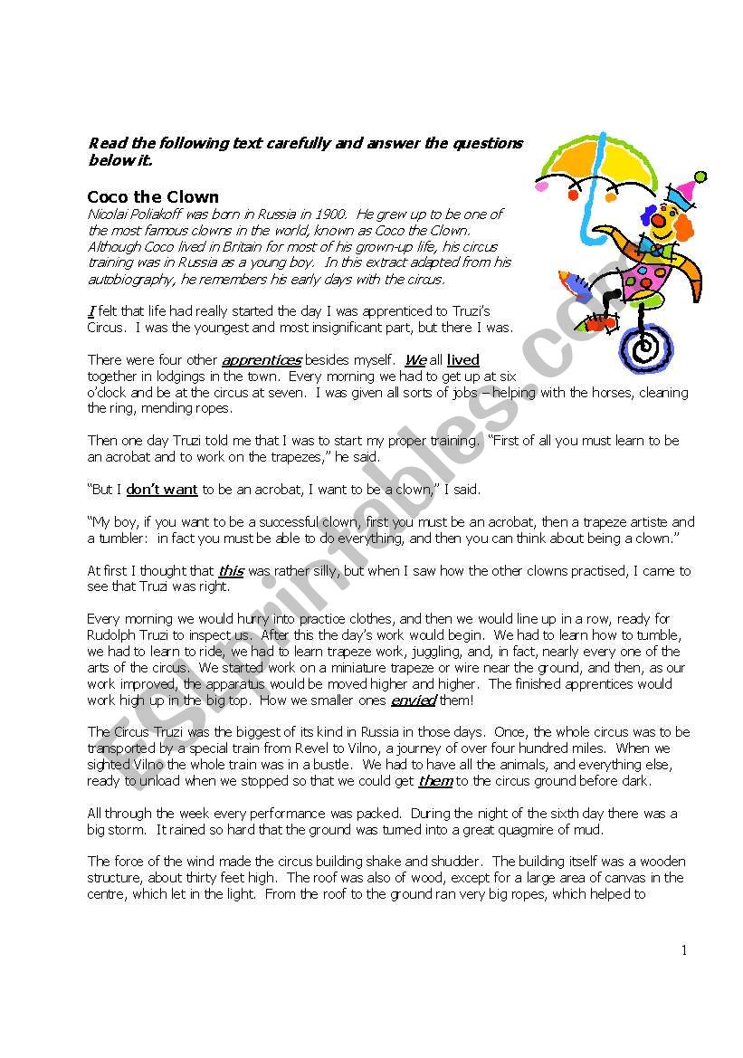 Coco the Clown worksheet