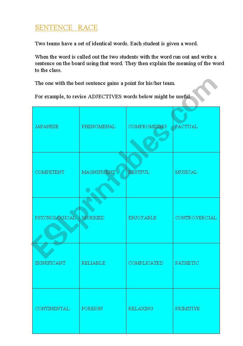 Sentence Race worksheet