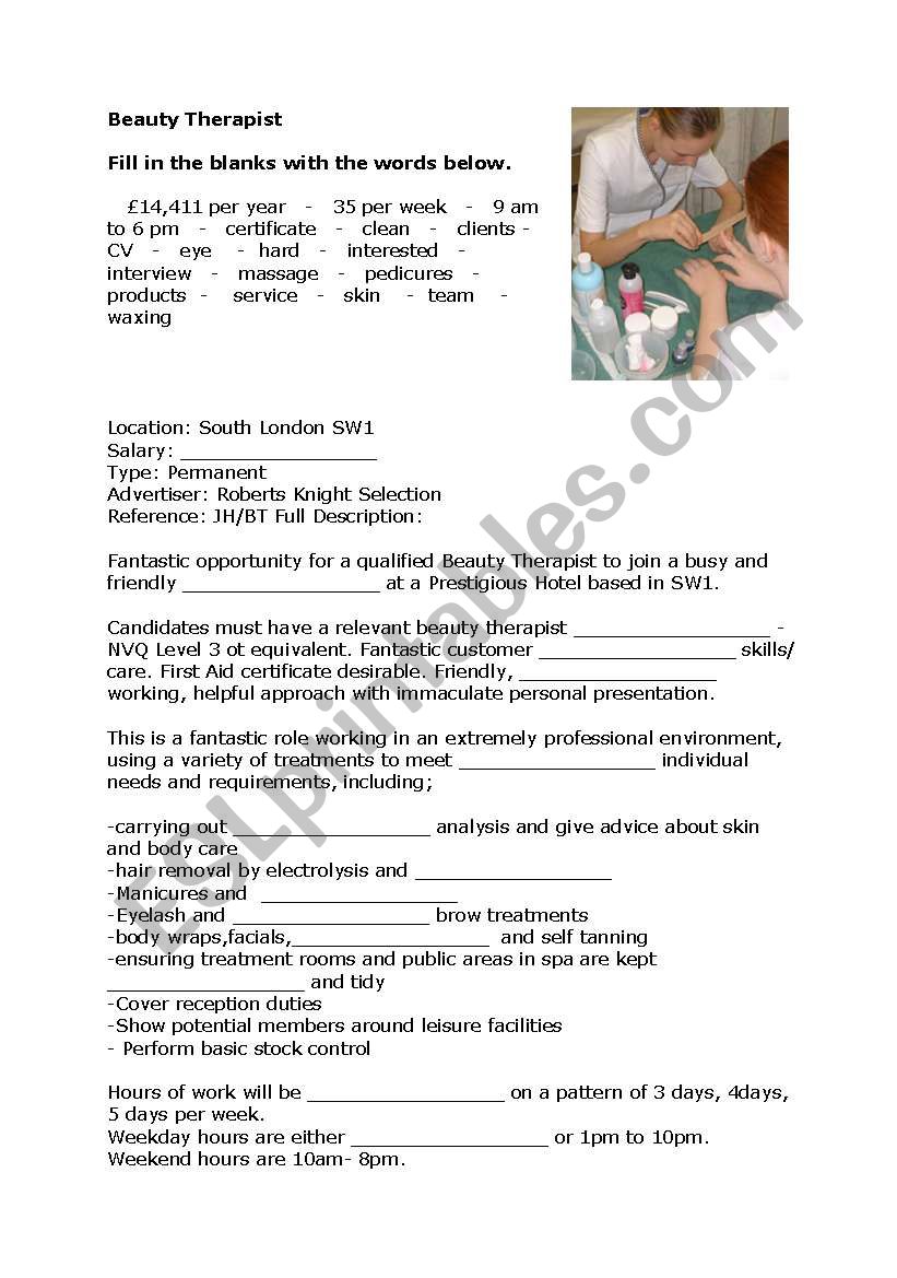 Beauty Therapist worksheet