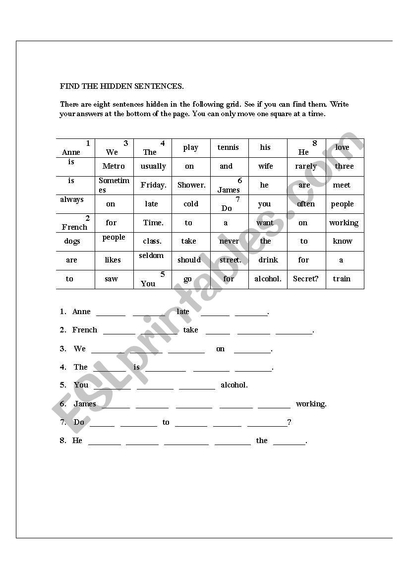 Find the hidden sentences worksheet