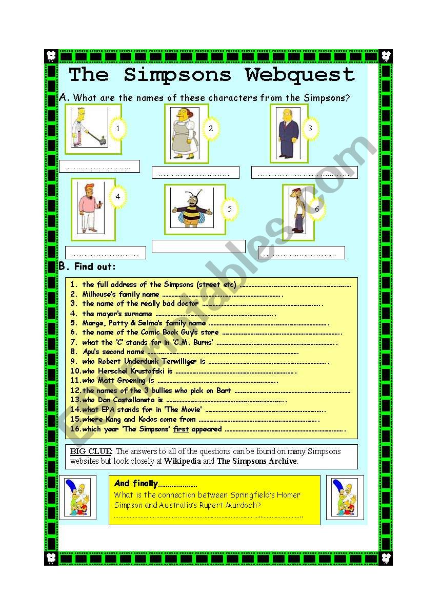 THE SIMPSONS - The Webquest! worksheet THE SIMPSONS - The Webquest! worksheet