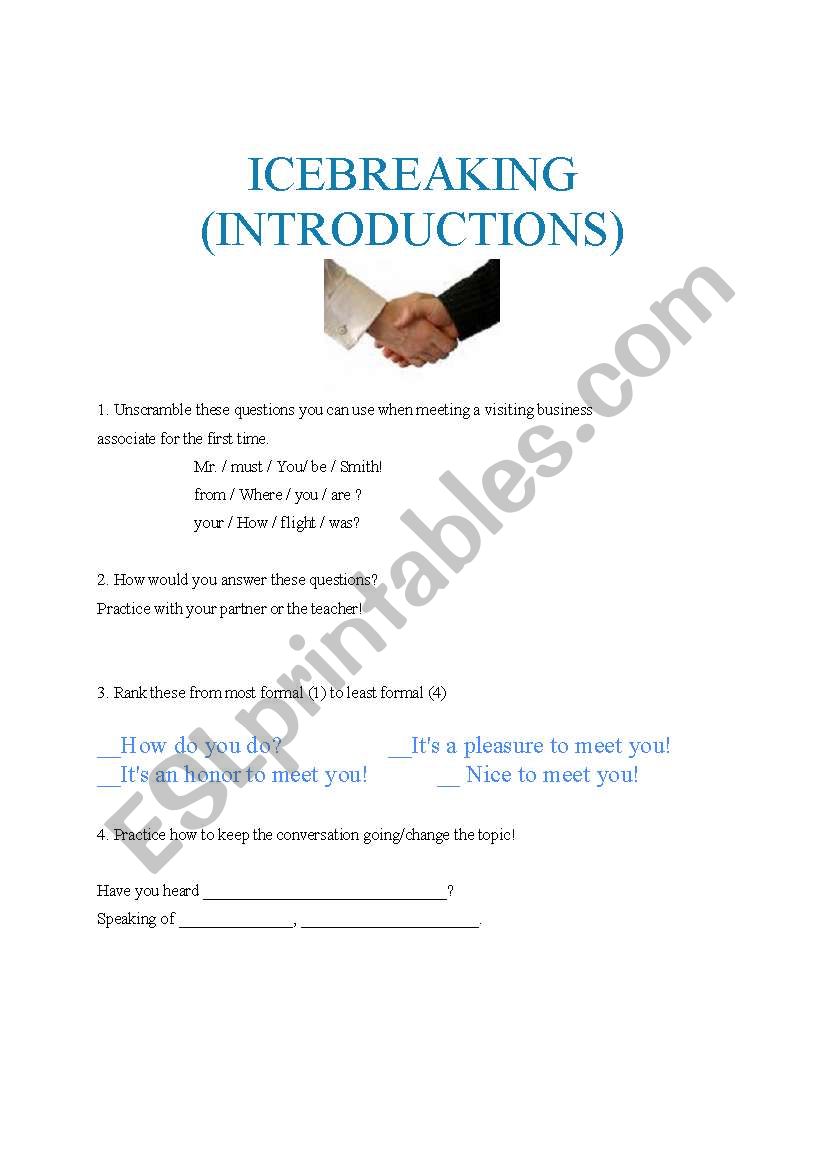 ICEBREAKING (Introductions for Business English Students)