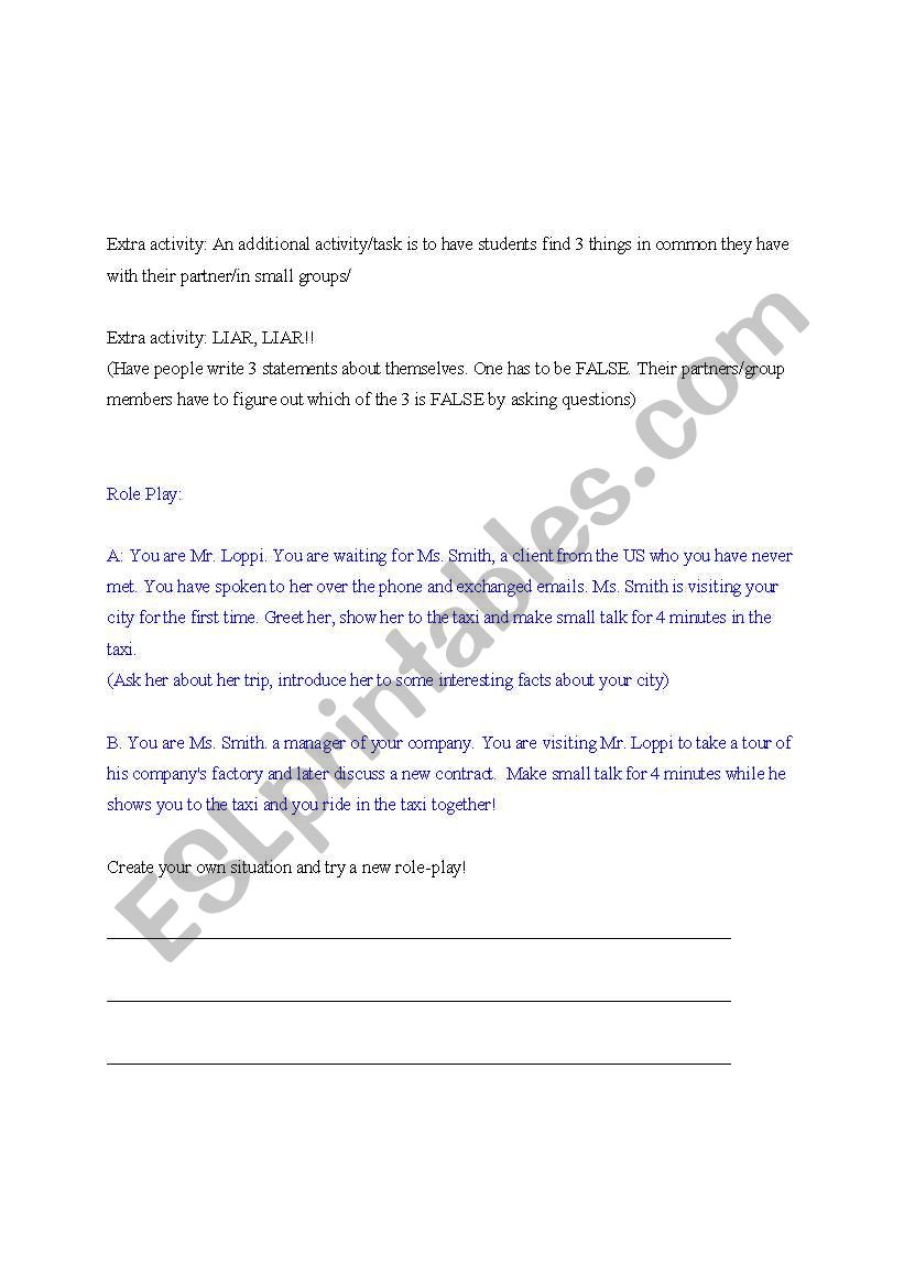 ICEBREAKING (Introductions for Business English Students  - ROLE PLAY SHEET)