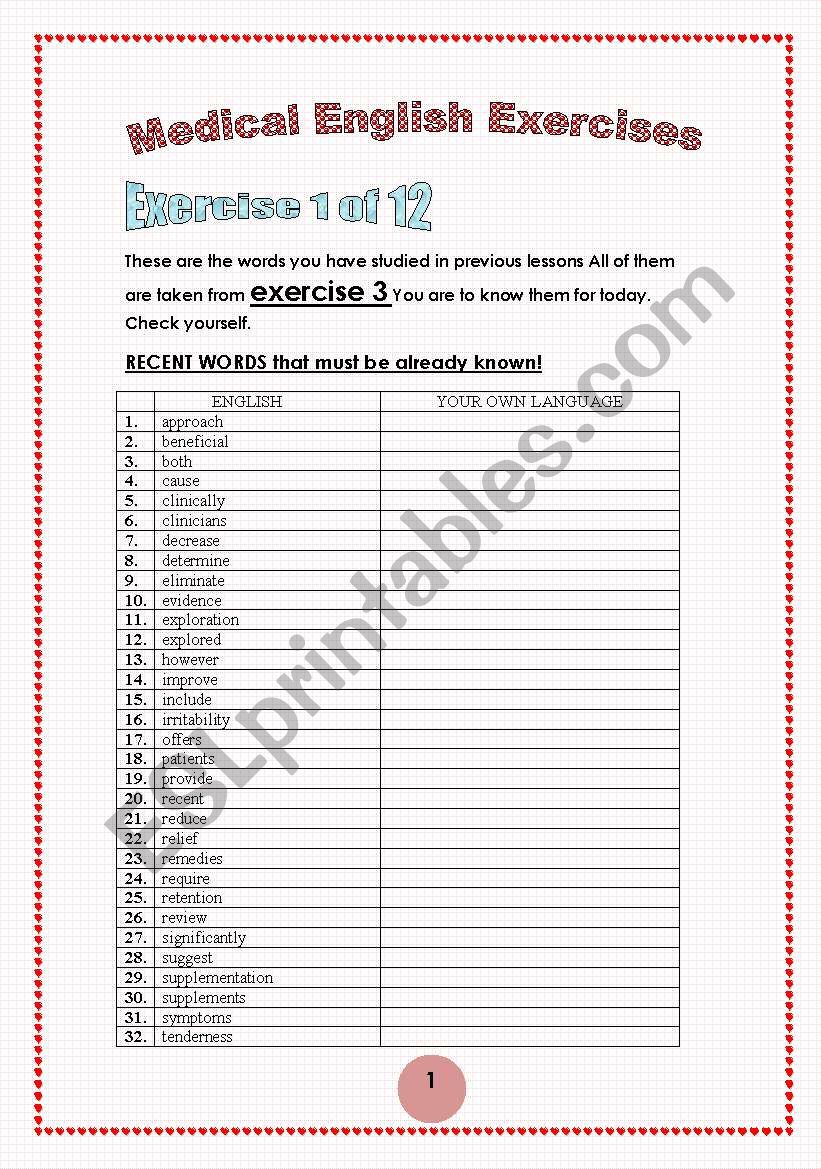 11 exercises/9 pages MEDICAL ENGLISH NOT SUITABLE FOR CHILDREN