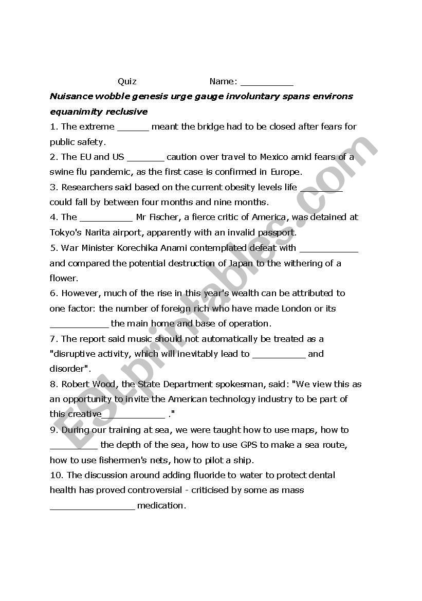 insert the word quiz worksheet