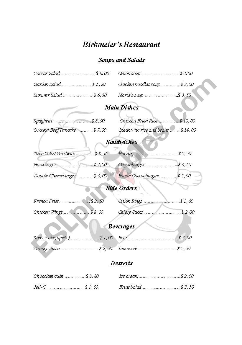 Restaurant Menu worksheet