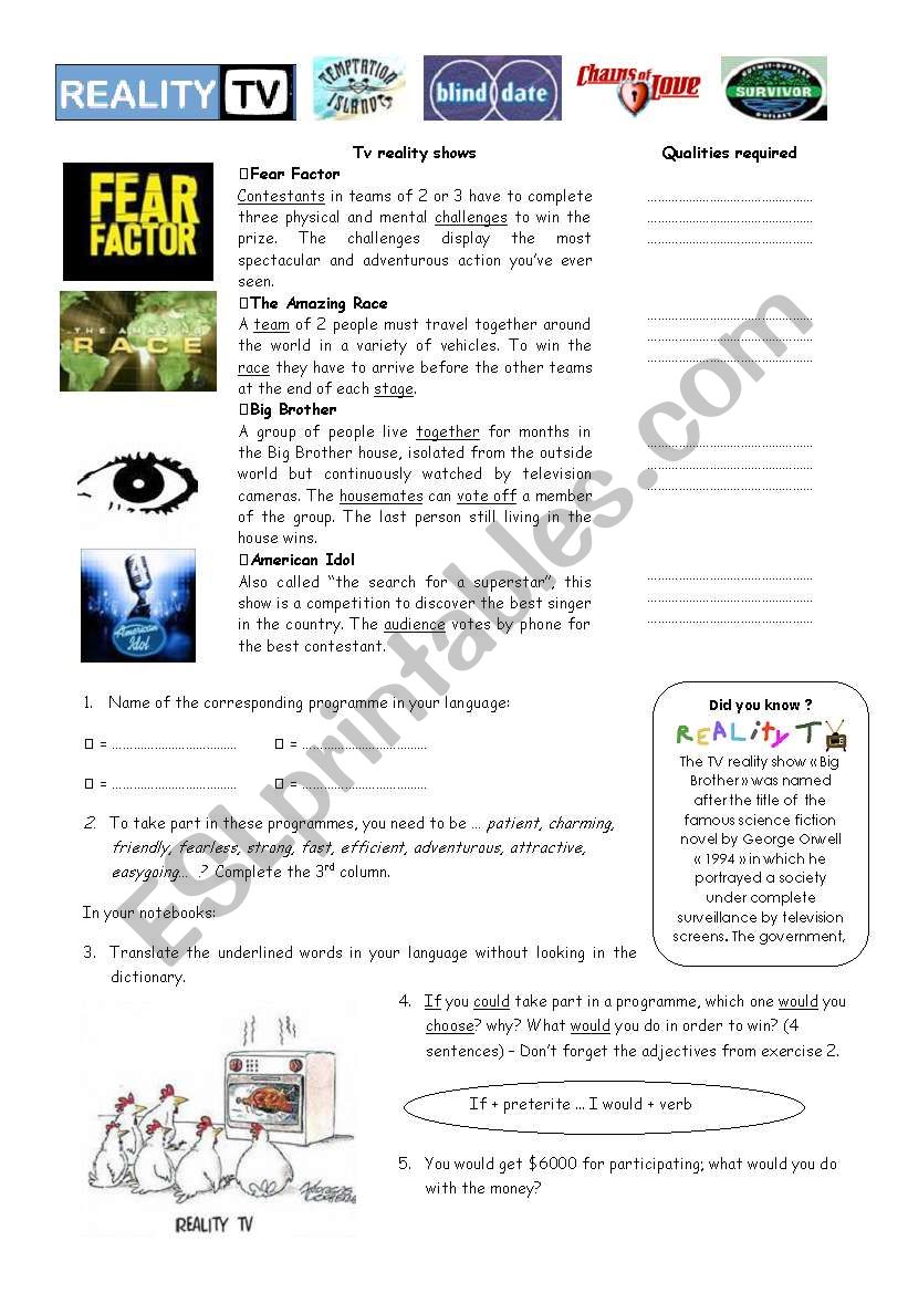 Reality TV worksheet