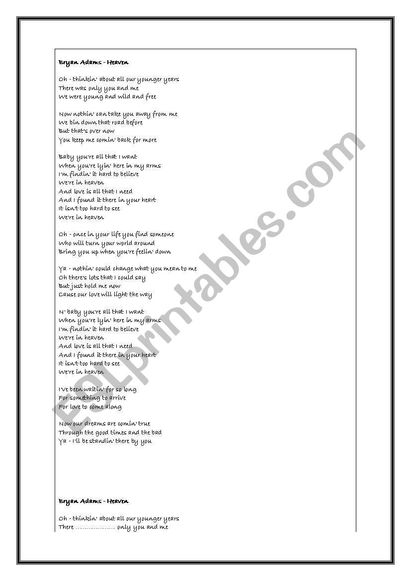 Brian Adams- Heaven worksheet