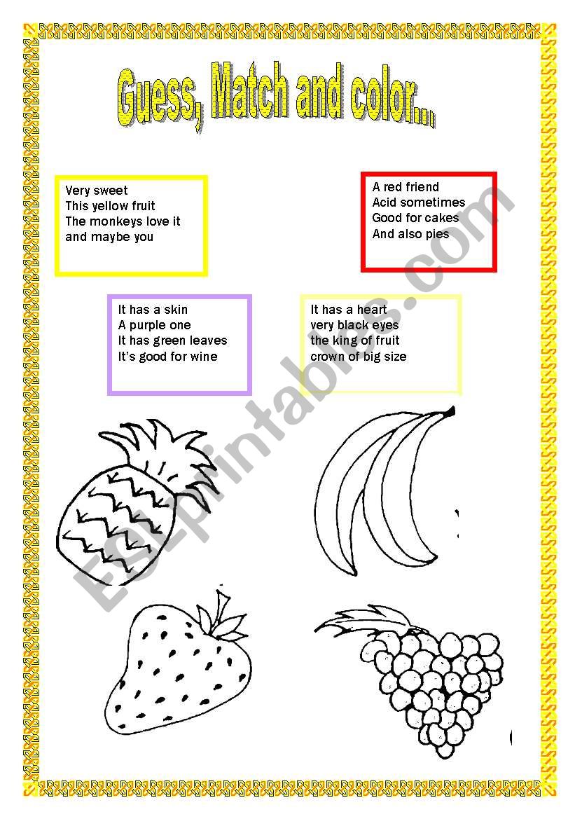 Solve the Riddles and Match and color the fruit