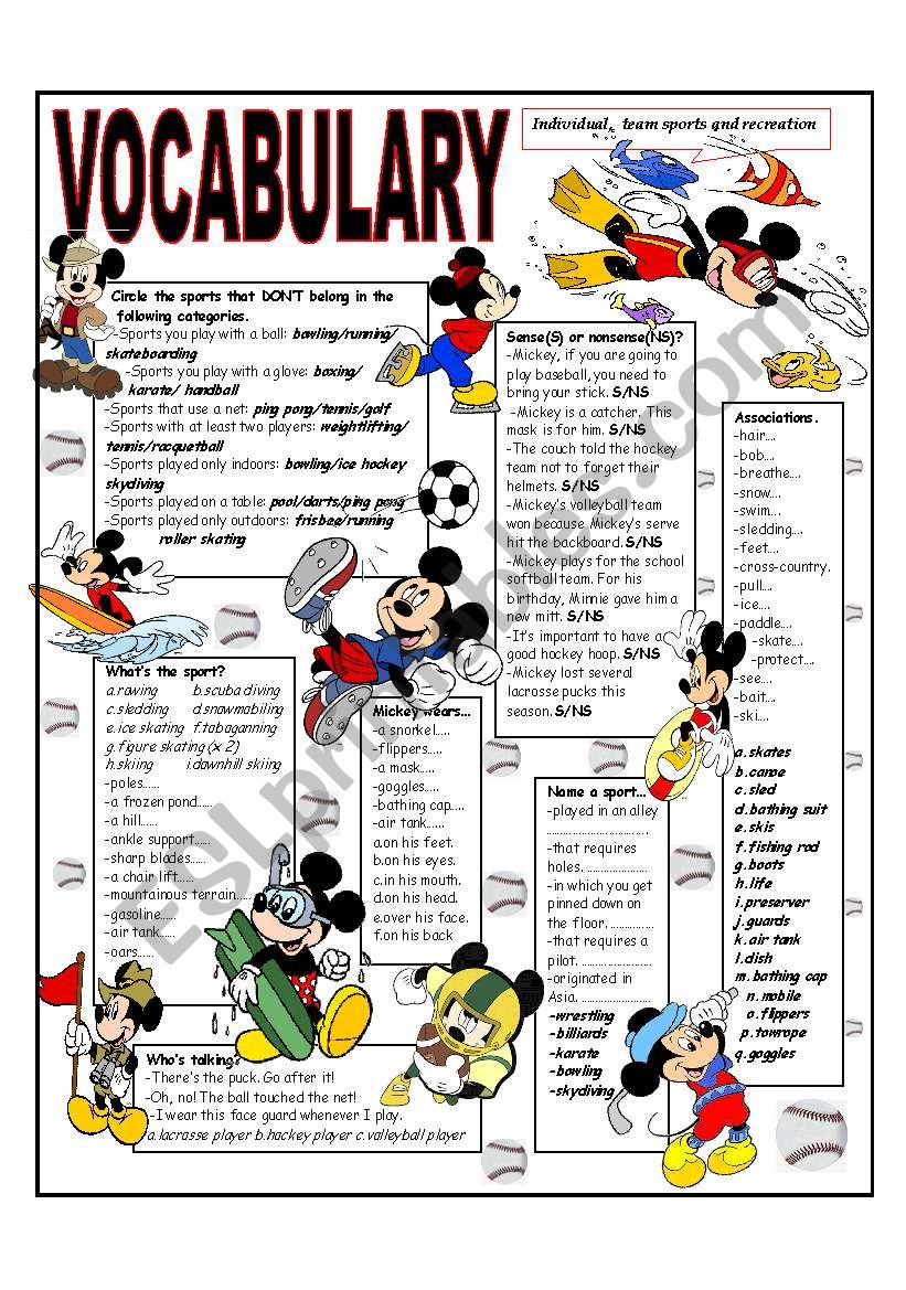 RECYCLING VOCABULARY - TOPIC: INDIVIDUAL - TEAM SPORTS AND RECREATION. Elementary and up.