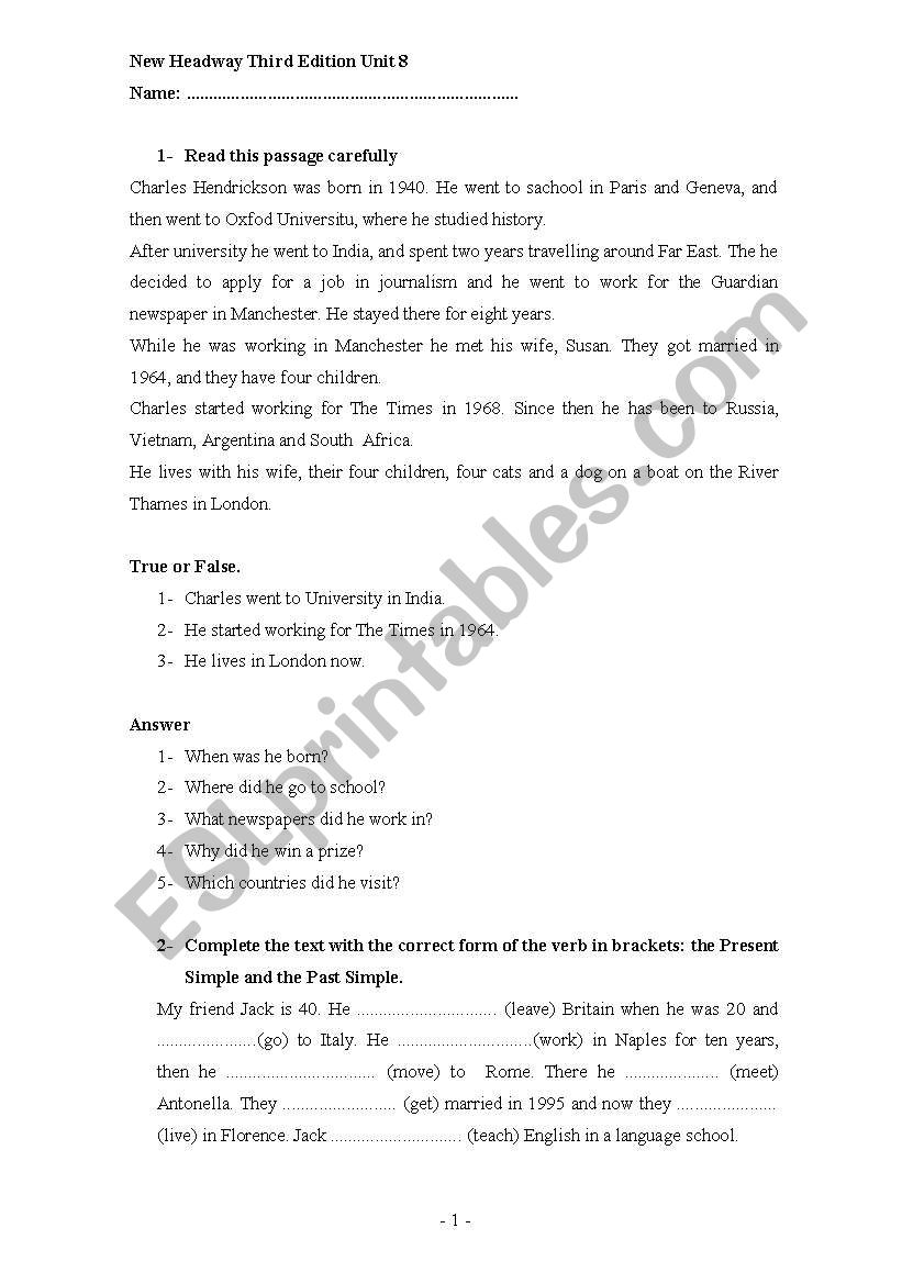 New Headway Elementary test worksheet