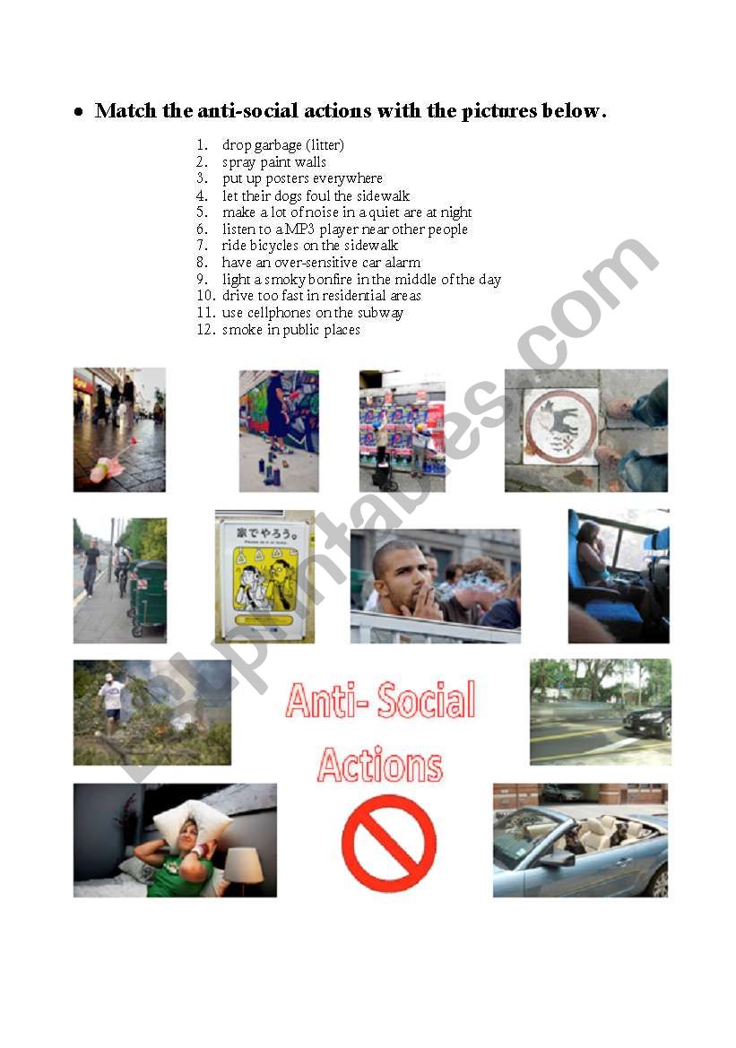 Anti-Social Actions worksheet