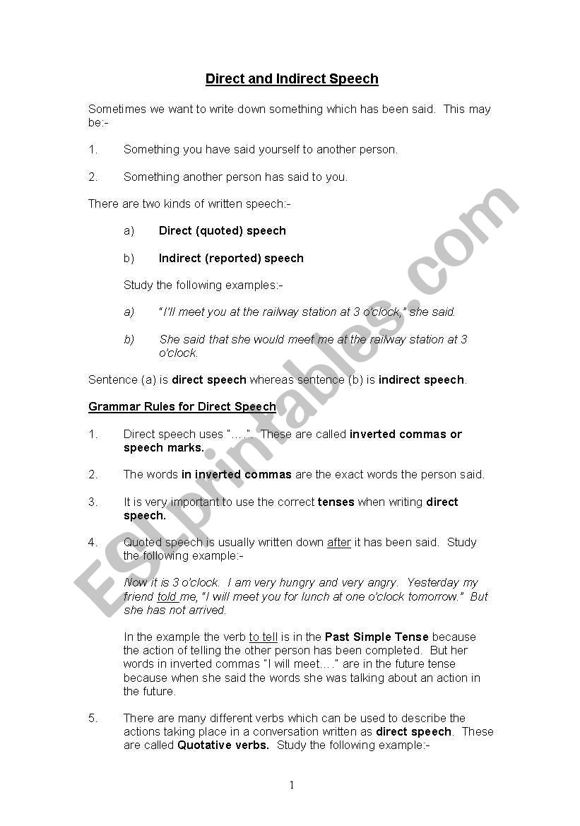 Direct and Indirect Speech worksheet