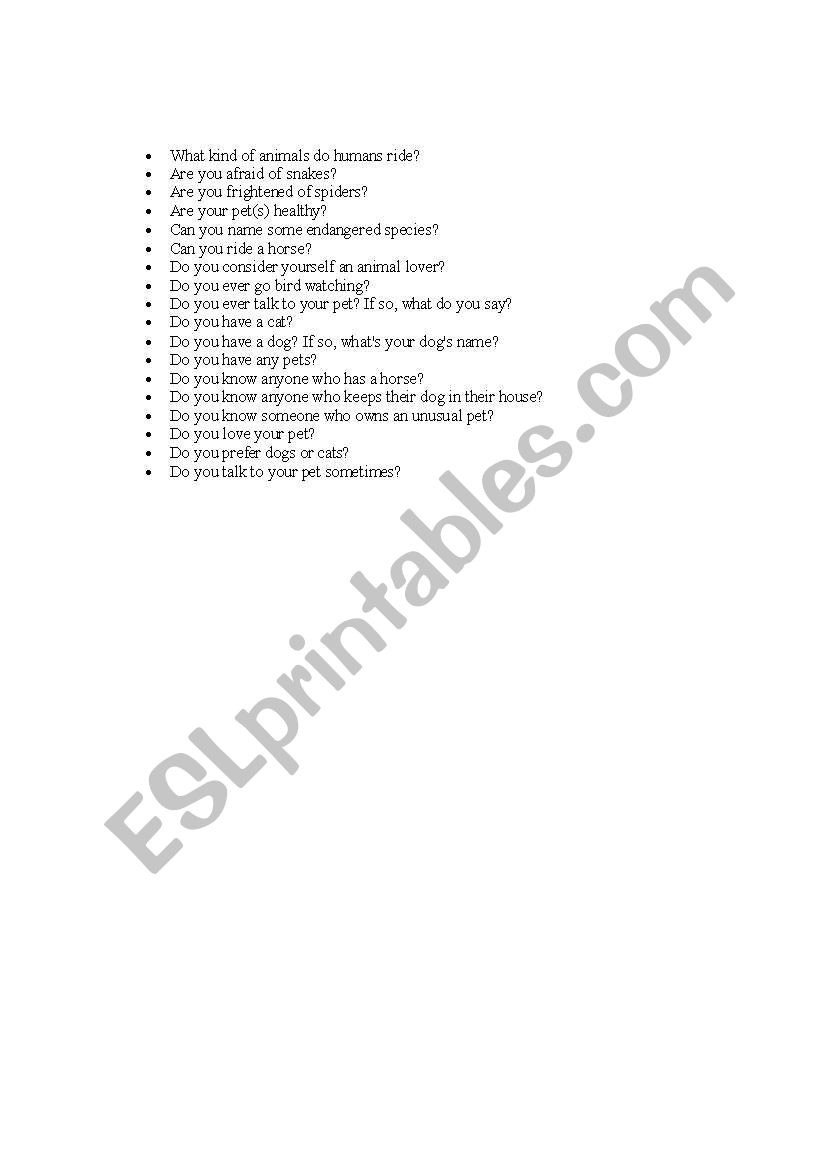 Questions for Conversations about animals/pets 