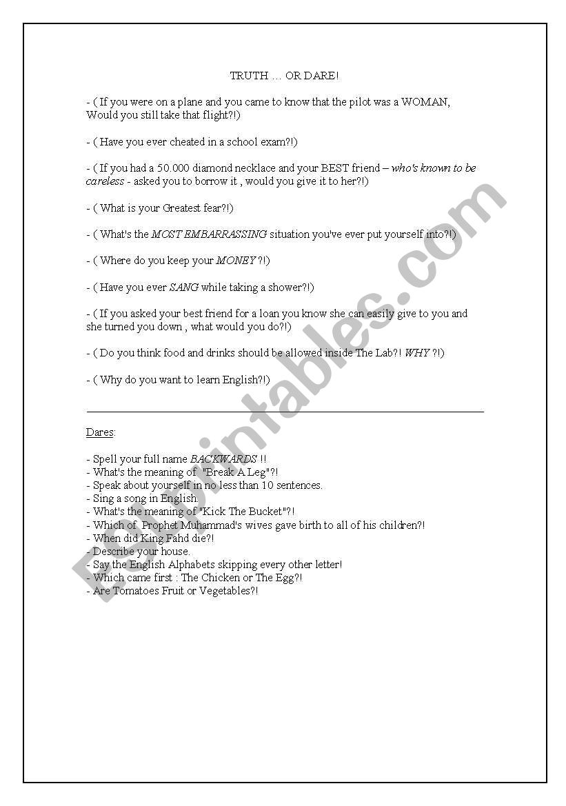 Truth .. Or Dare! worksheet