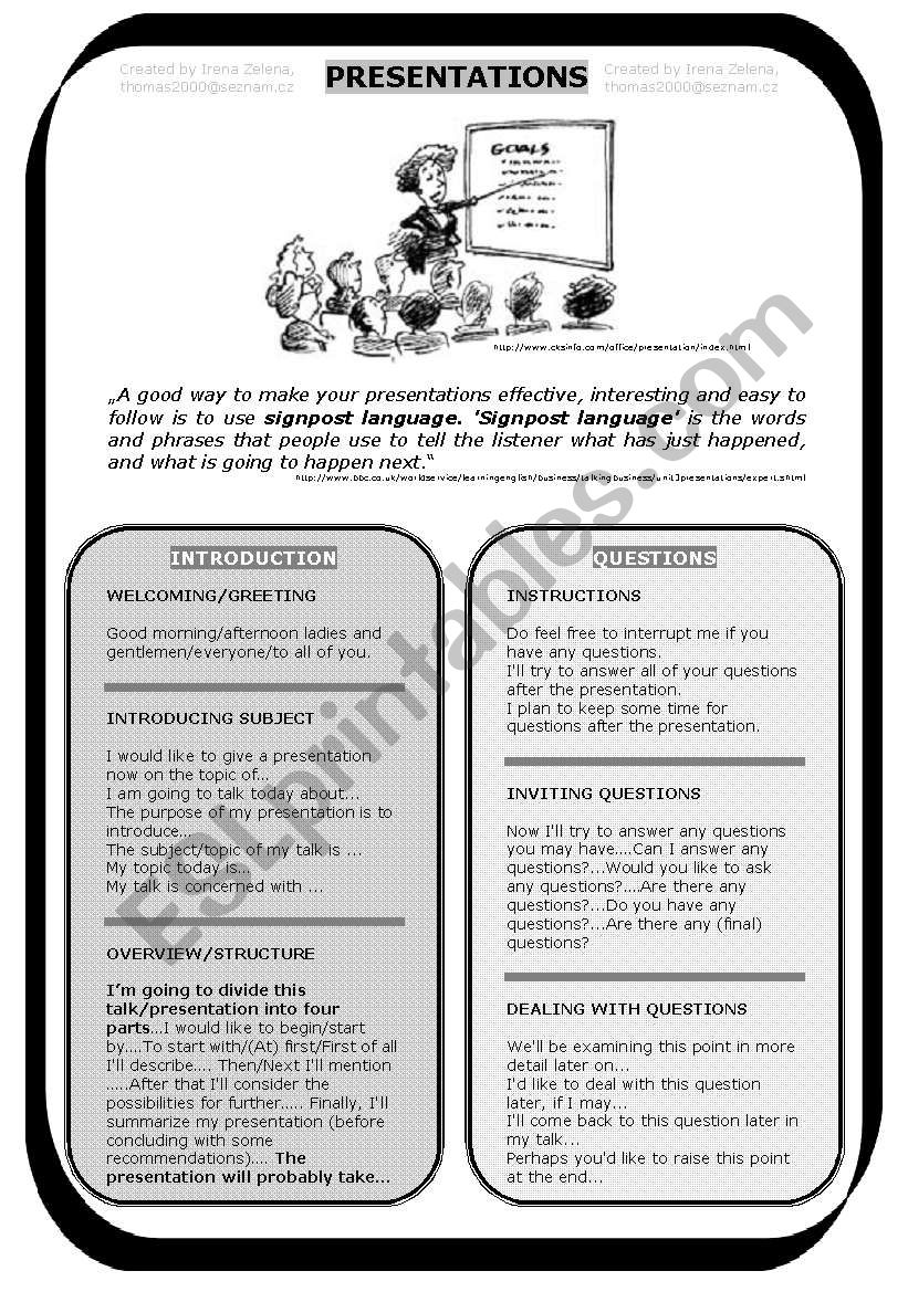 PRESENTATIONS, FCE writing and speaking  (useful sentences and tips, a.k.a. signpost language)