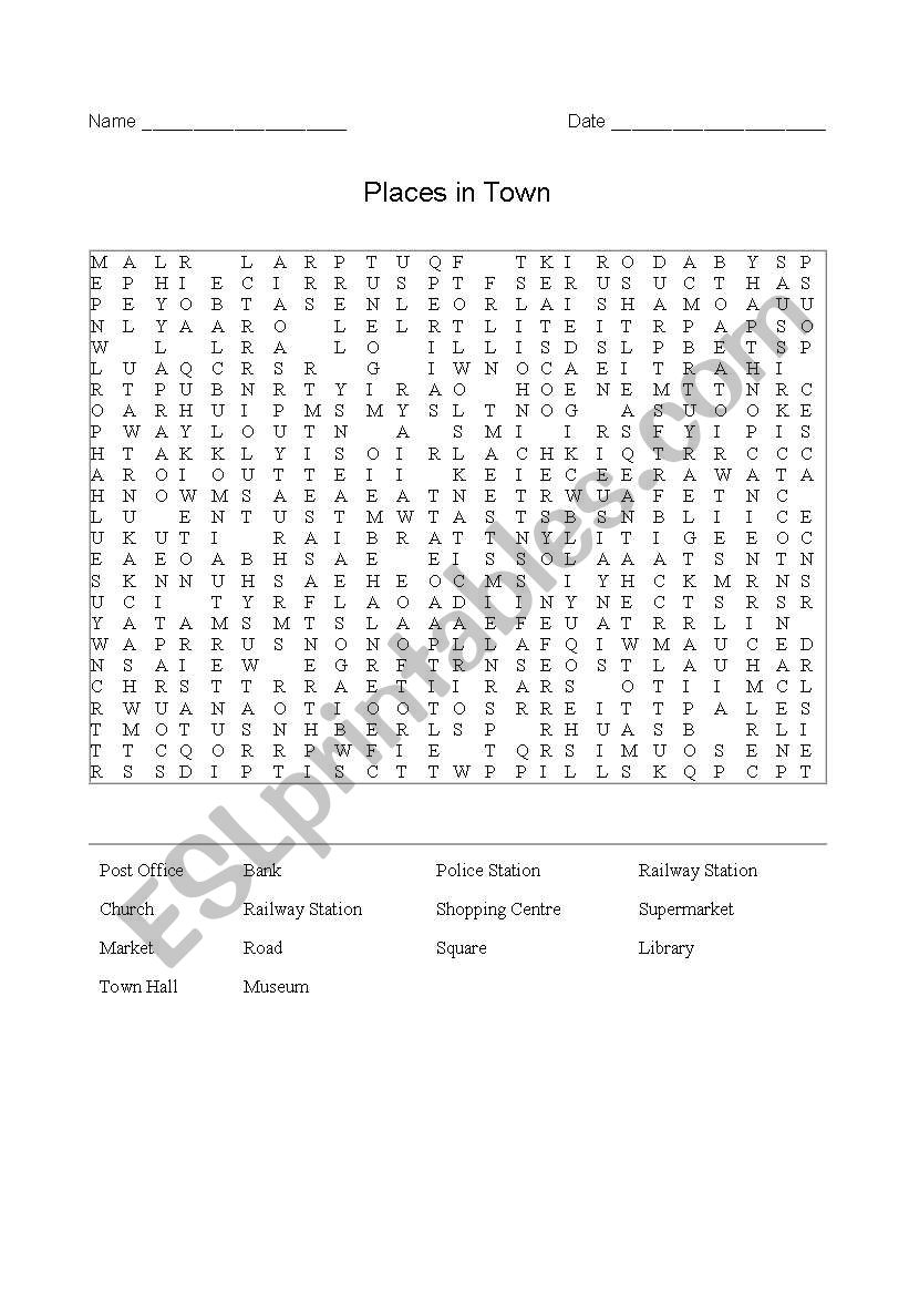 Places in Town Wordsearch worksheet