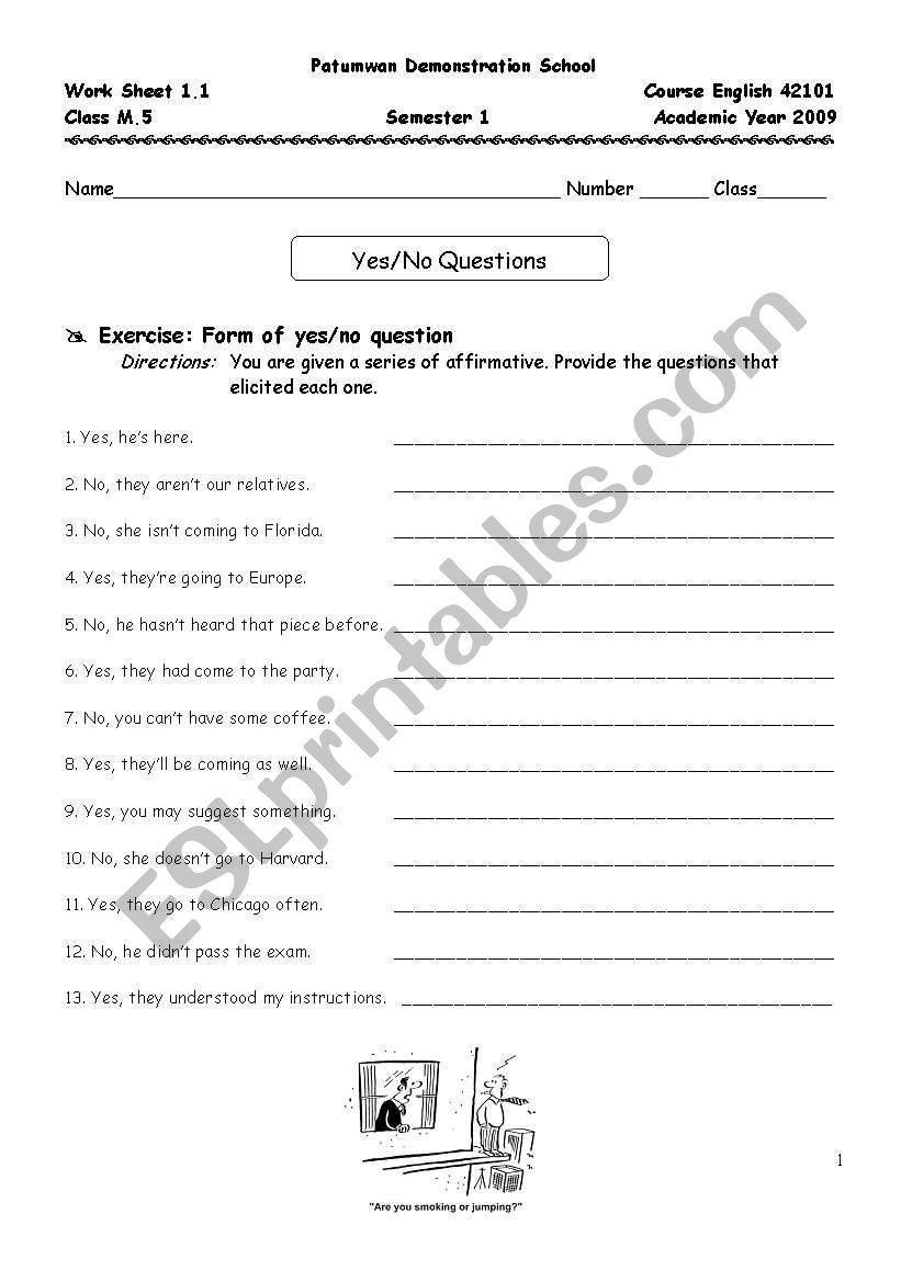 yes no question exercice worksheet