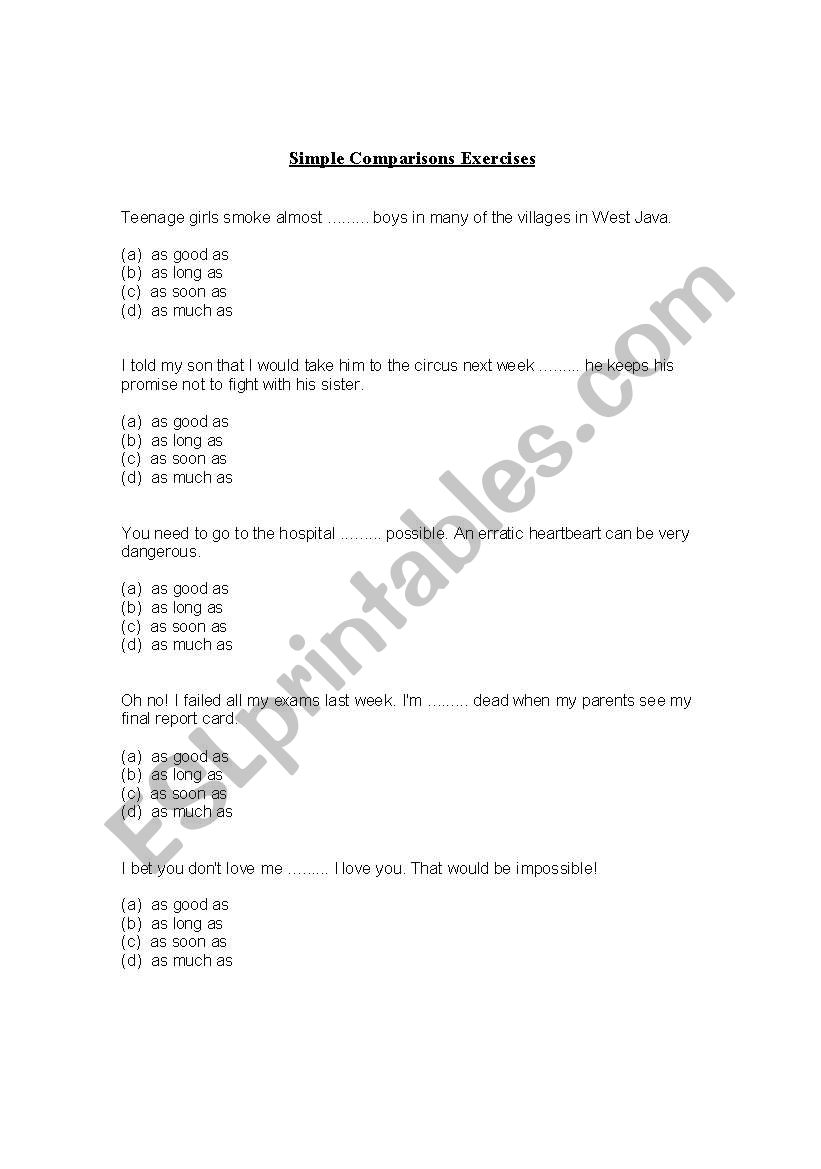 Simple Comparisons Exercises worksheet