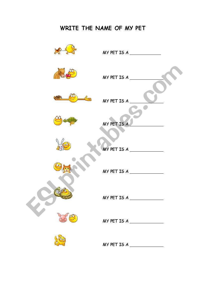 The students must complete every sentence with the name of an animal (pet) (no clues) 