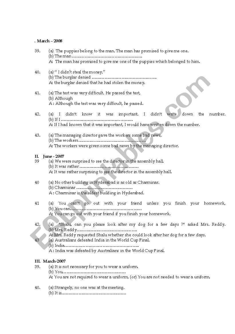 transformation of sentenses worksheet