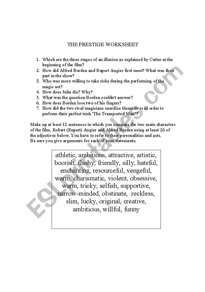Prestige Follow-up Activities worksheet
