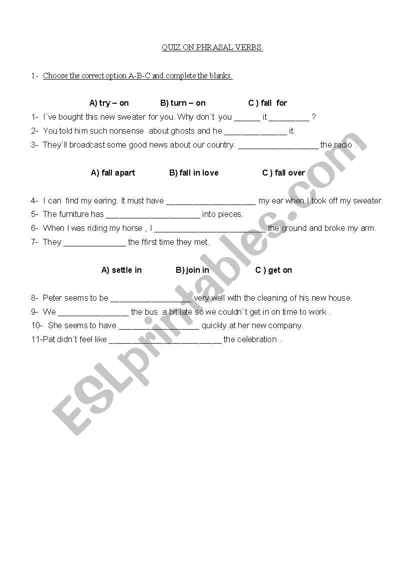 quizz on phrasal verb worksheet