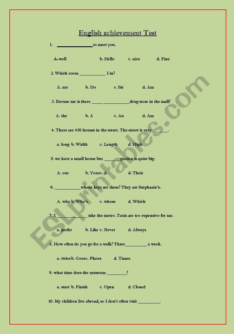 english achivement test worksheet