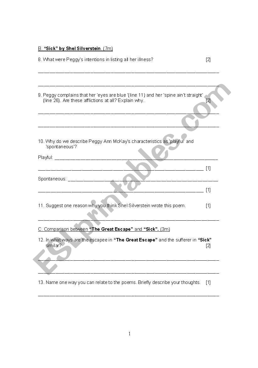 Sick by Shel Silverstein worksheet