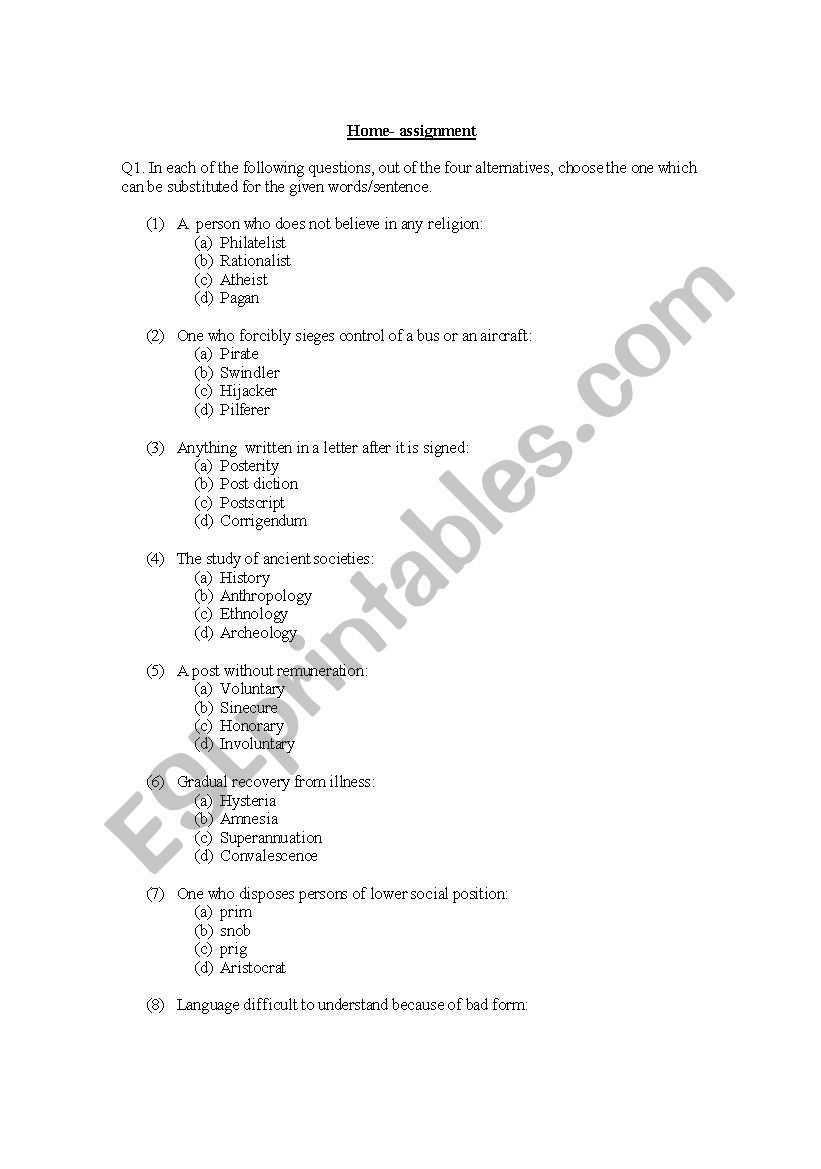 one word substitution worksheet