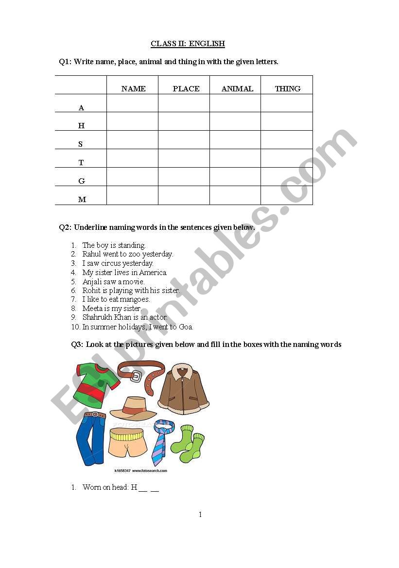 naming words worksheet