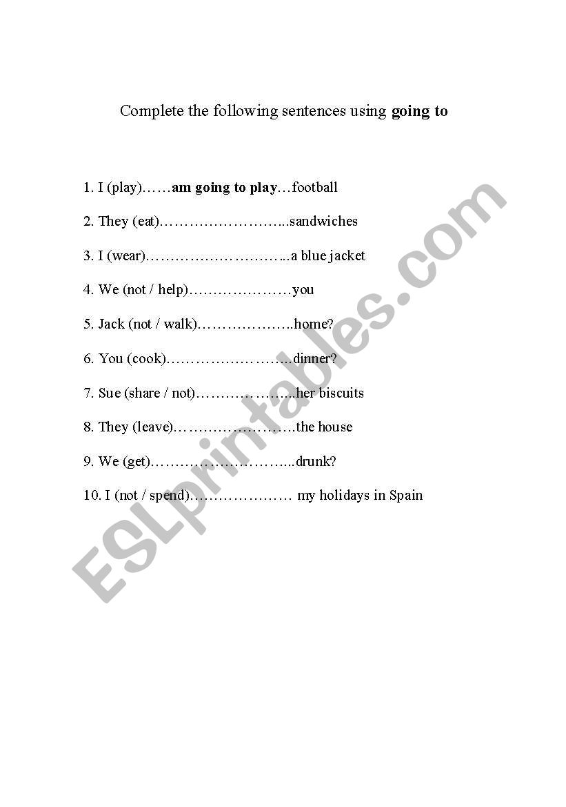 Using going to as future worksheet