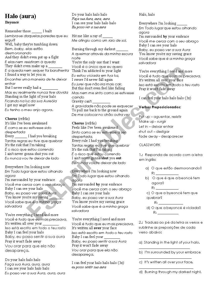 Song Class: Halo worksheet