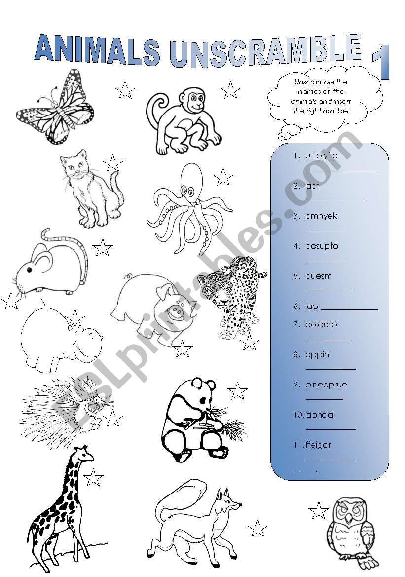 animals unscramble (part 1) worksheet