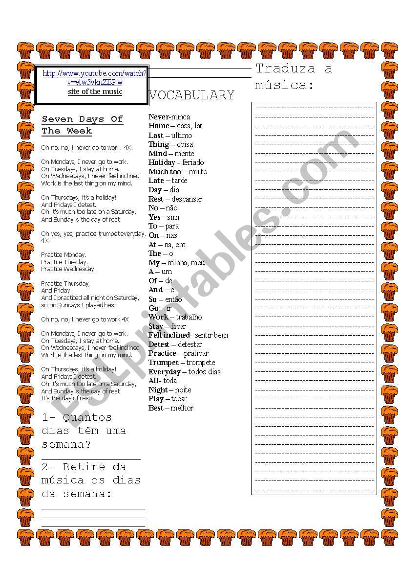 MUSIC: SEVEN DAYS OF THE WEEK worksheet