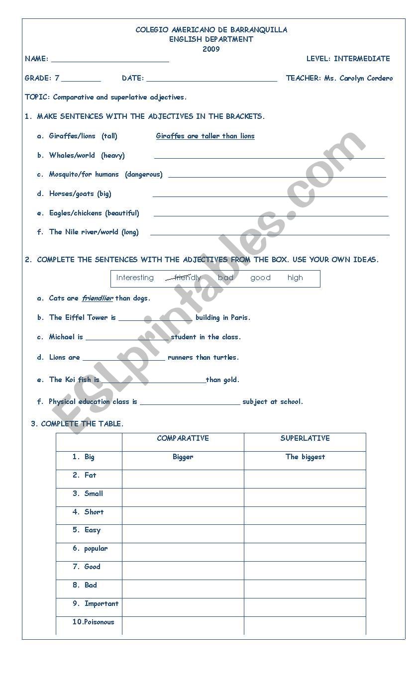 comparative and superlative worksheet